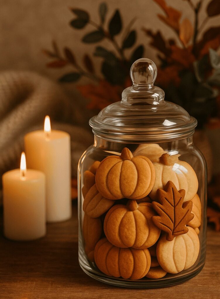 Autumnal scene with leaves and pumpkin shapes cookies in a glass jar - graphic for Autumn tips for your home post.