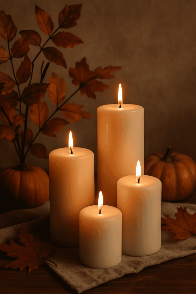 Different heights of burning white candles - graphic for autumn tips blog post