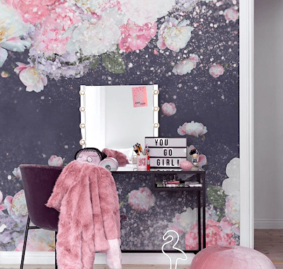 dark floral wallpaper and dressing table