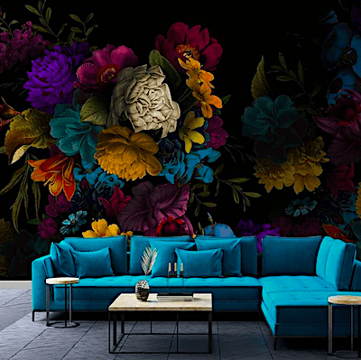 dark floral wallpaper with teal sofa