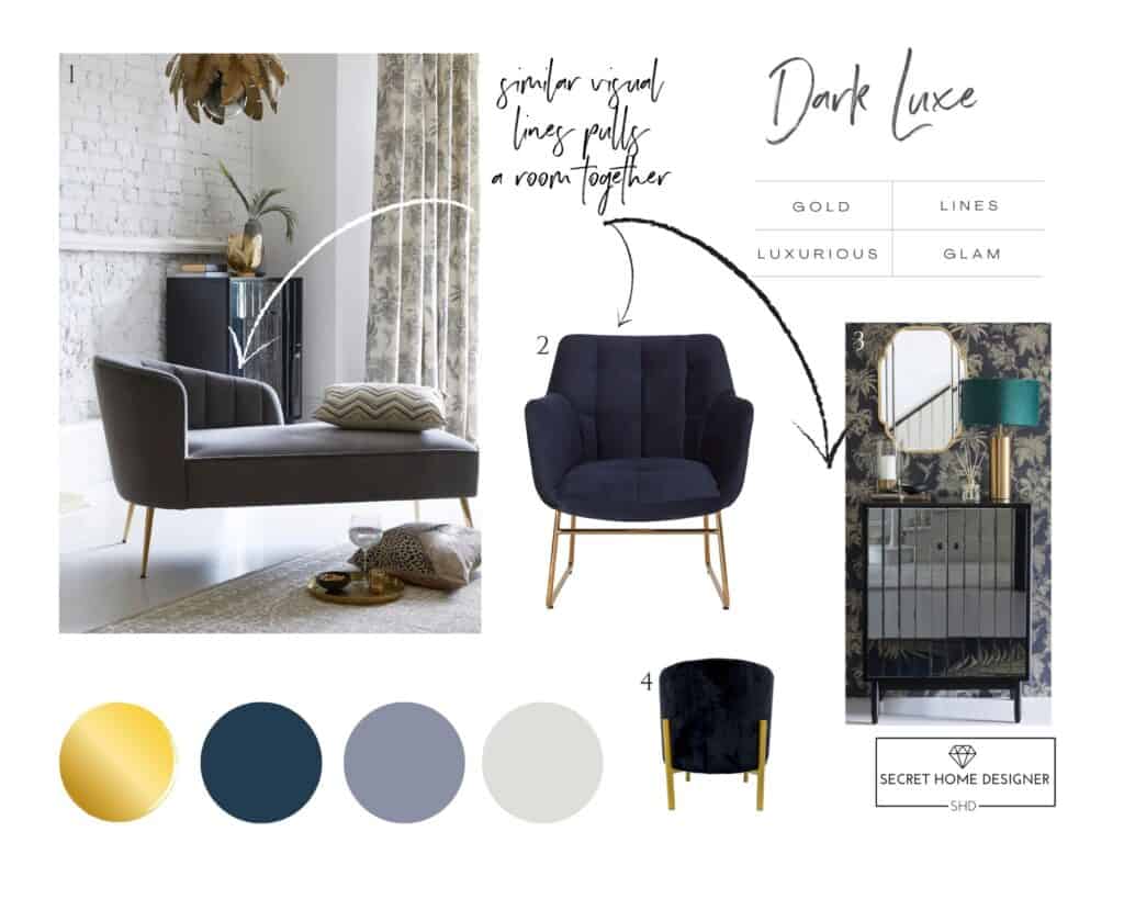 Luxe Home Mood Board Navy and Gold Home Accessories