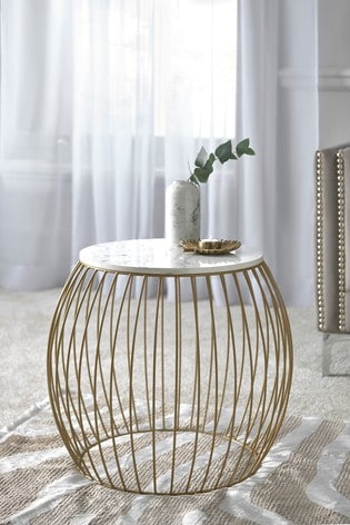 Gold, round side table with white marble style top