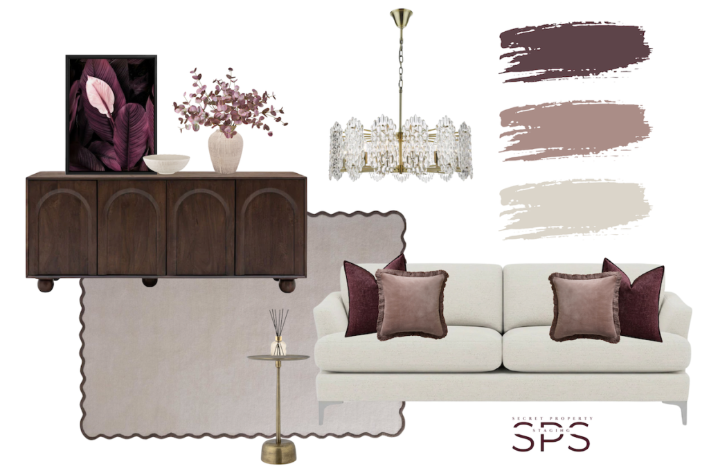 Sulking Room Pink paint by Farrow & Ball with Brinjal /Berry and neutral styling. Living room mood board collage.