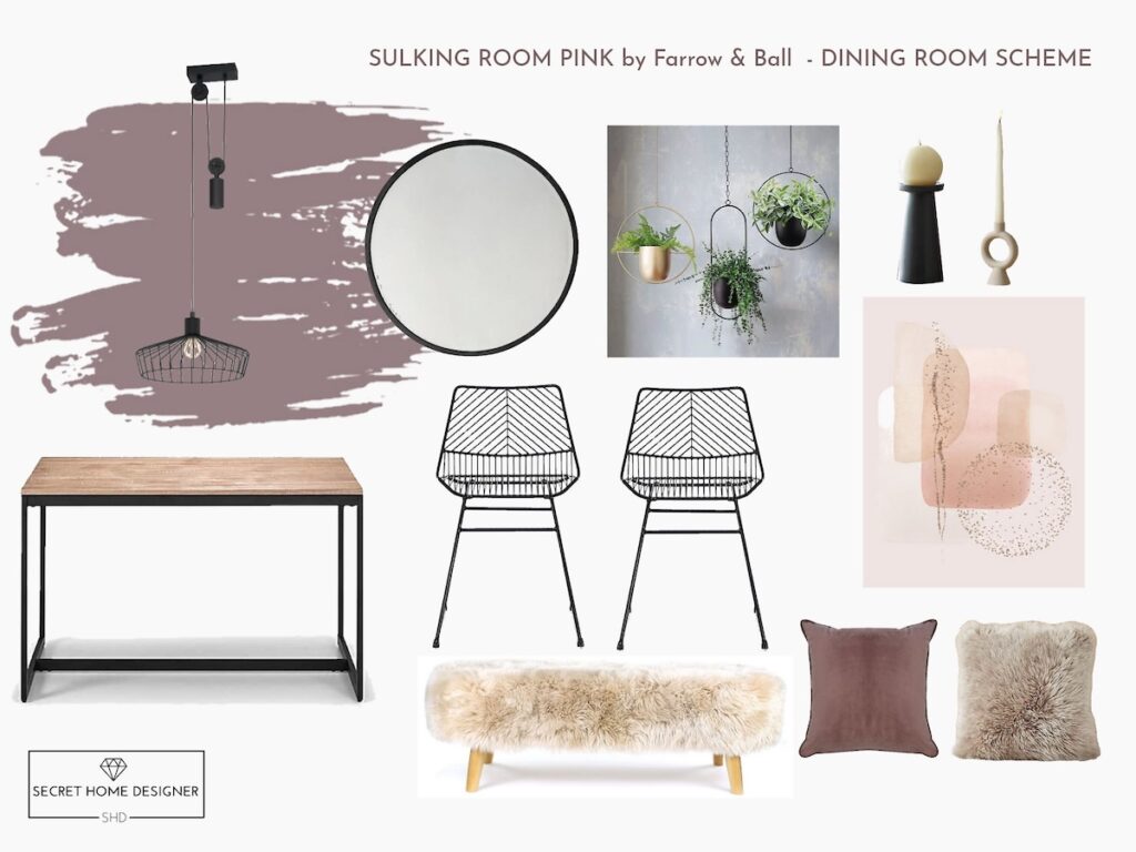 Sulking Room Pink paint by Farrow & Ball, dining room mood board