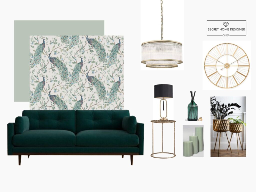 Tranquil Dawn by Dulux living room mood board design, velvet green with gold