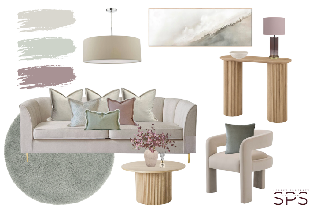 Tranquil Dawn Dulux living room mood board with taupe sofa, green grey rug, neutral furniture, soft pink accents and modern decor ideas for styling a calm interior