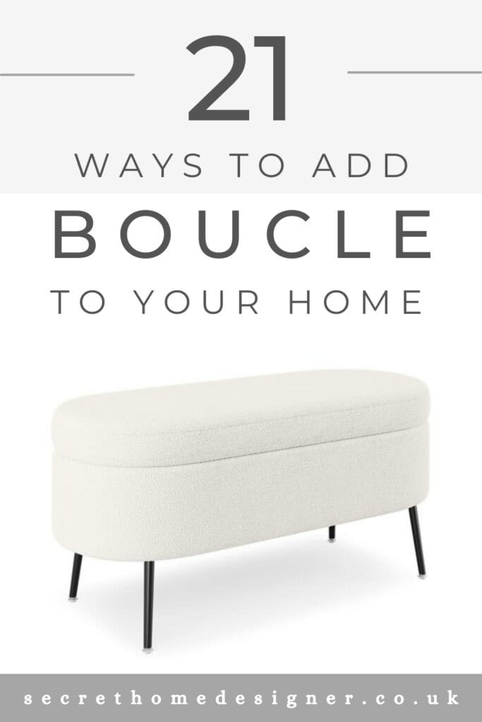Image of a bench seat covered in boucle fabric with the title 'Boucle: 21 Best Ways To Add This 2024 Trend Into Your Home'.