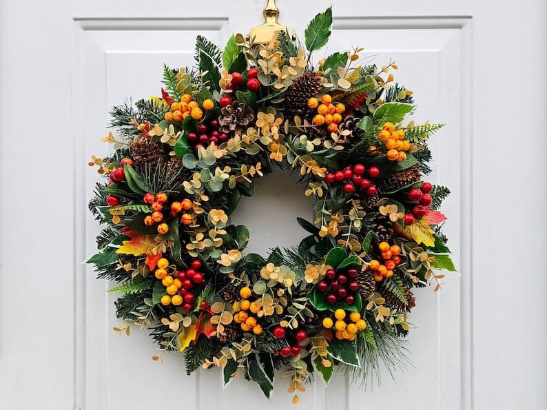 Large Autumnal Wreath with green foliage and berries.