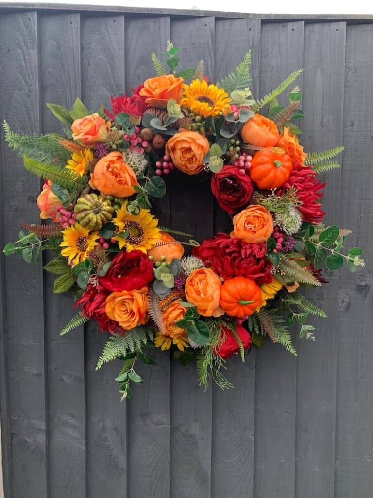 Luxury 50cm autumn wreath for your front door, with peonies,pumpkins, roses, sunflowers.