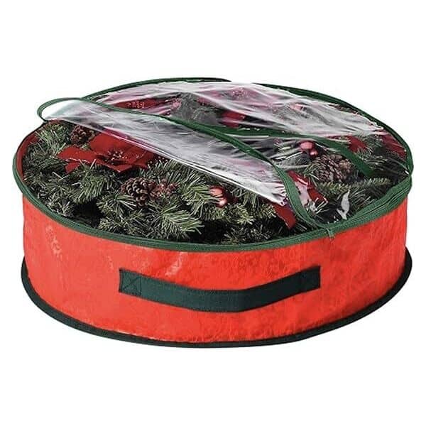 Red wreath storage bag with clear front and handle.