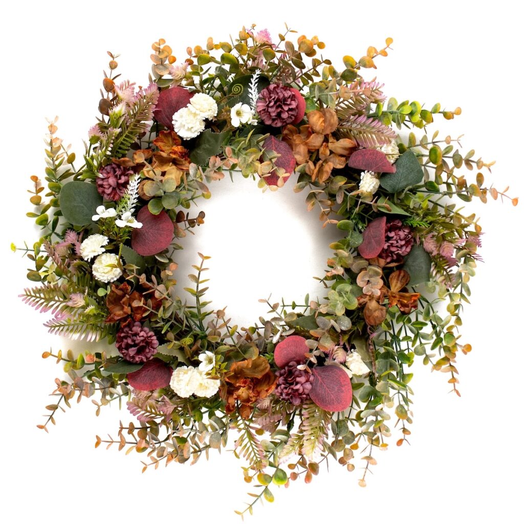 Artificial Autumnal Wreath - soft burgundy, light orange and green tones
