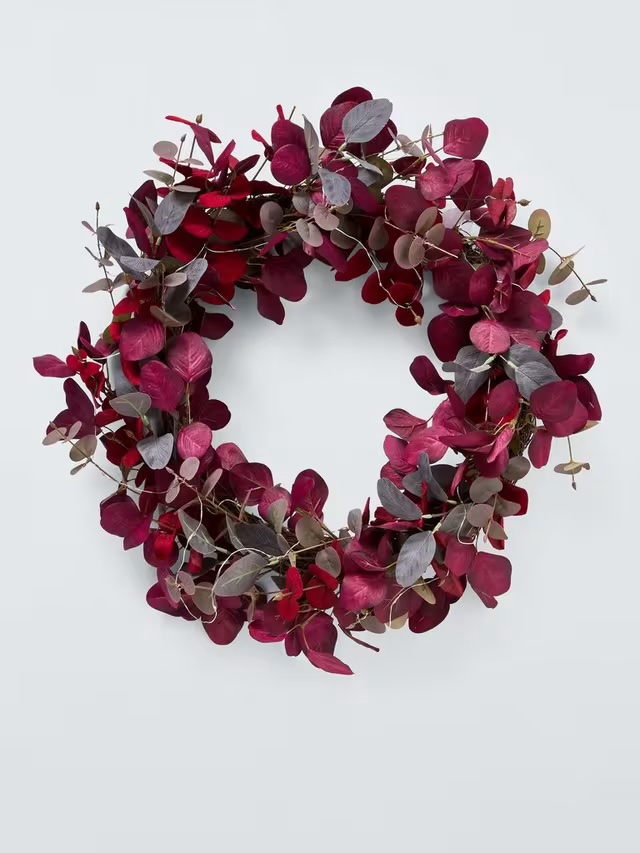 Eucalyptus LED Wreath in burgundy and green tones