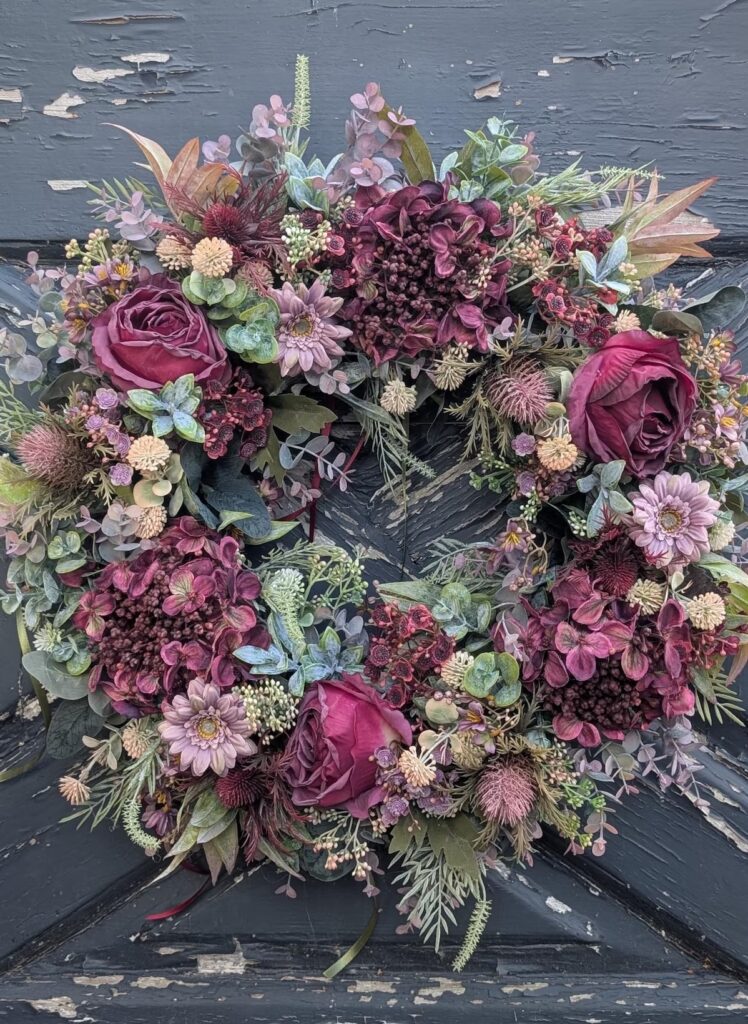 Autumn wreath – Burgundy Faux door wreath hydrangea rose fall eucalyptus