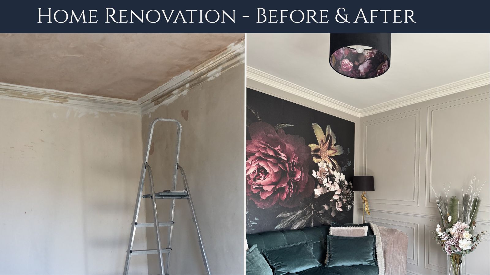 Before and after home makeover with greige walls