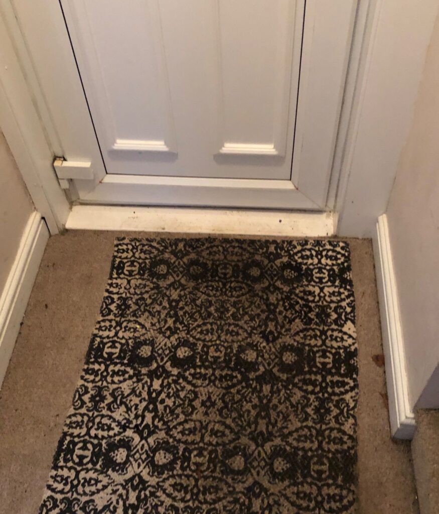 Worn entrance area before renovation featuring an outdated carpet and scuffed door frame. Before renovation image.