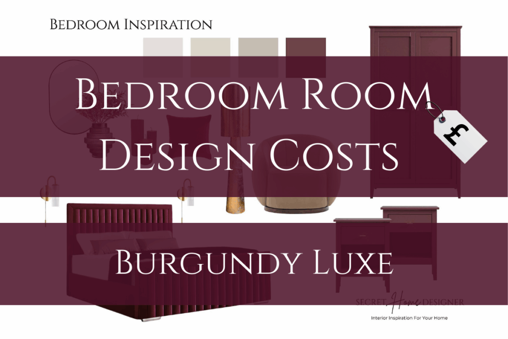 Price breakdown for a burgundy bedroom interior design room design. This is the feature image graphic.