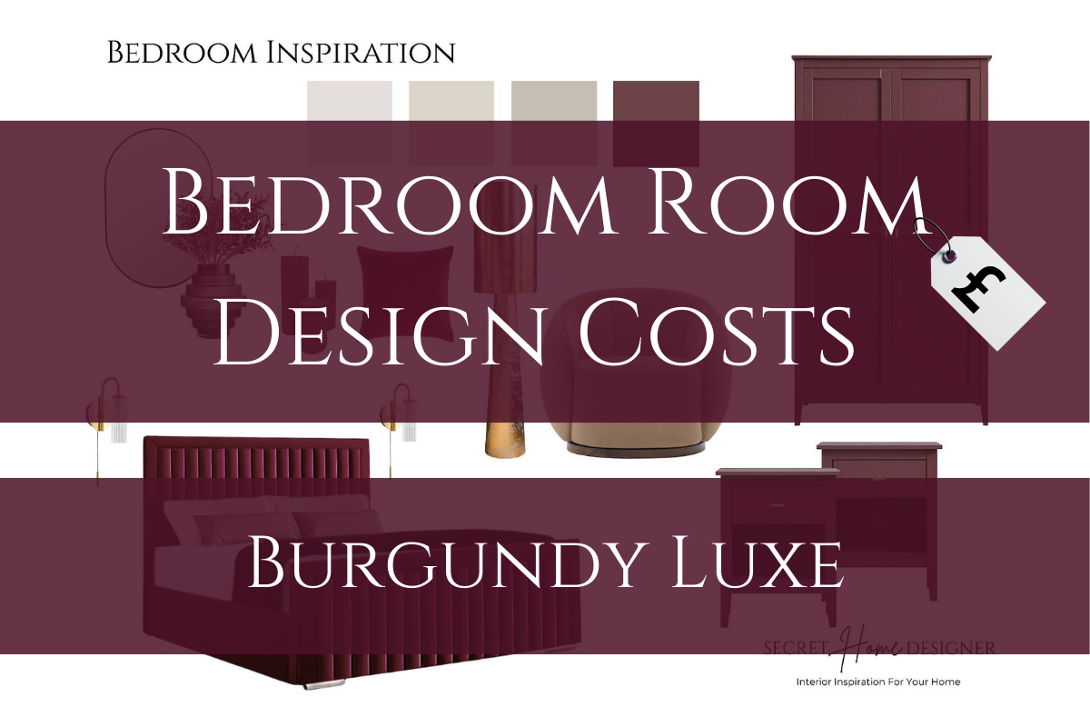 Price breakdown for a burgundy bedroom interior design room design. This is the feature image graphic.