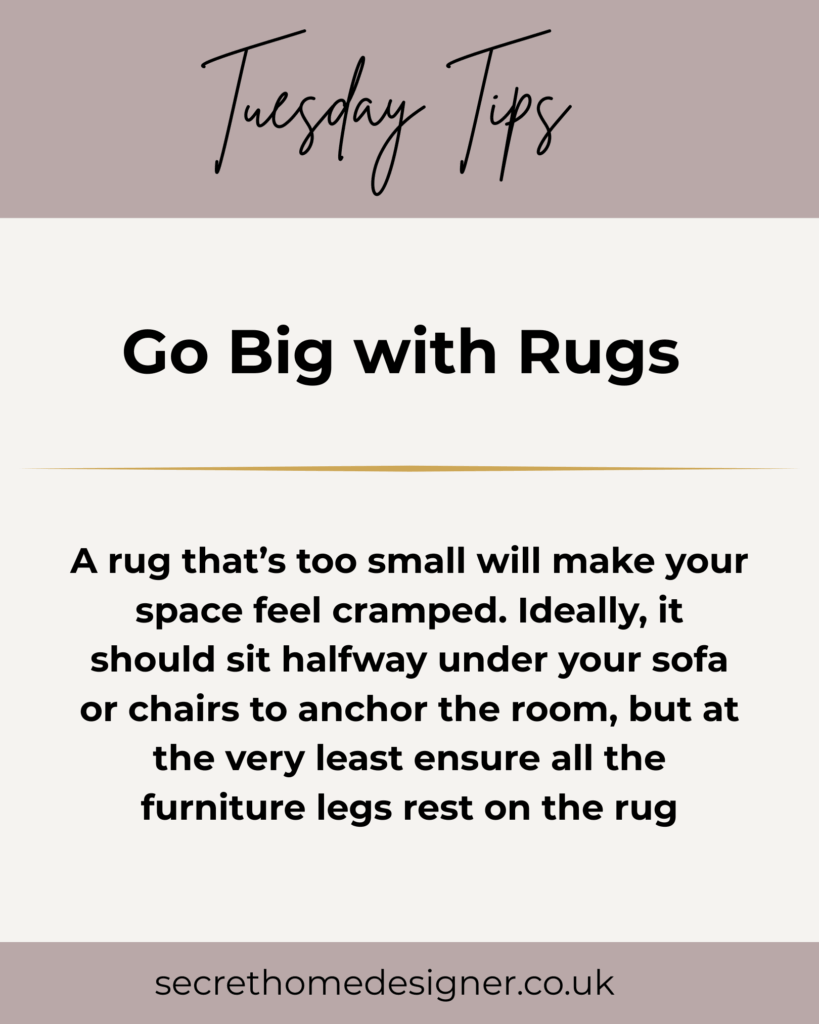 Tuesday Tips feature from Secret Home Designer. Text graphic in mauve colour for tip about choosing which size rug to use.