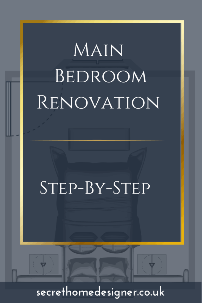 Pinterest pin for Main Bedroom Renovation blog post. Links to a step-by-step photo post. Navy and gold graphic.