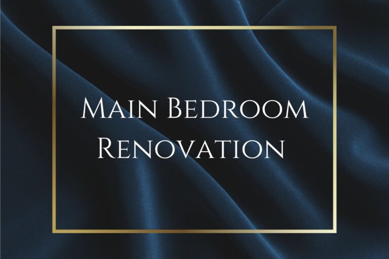 Feature image for Main Bedroom Renovation blog post - navy and gold graphic.