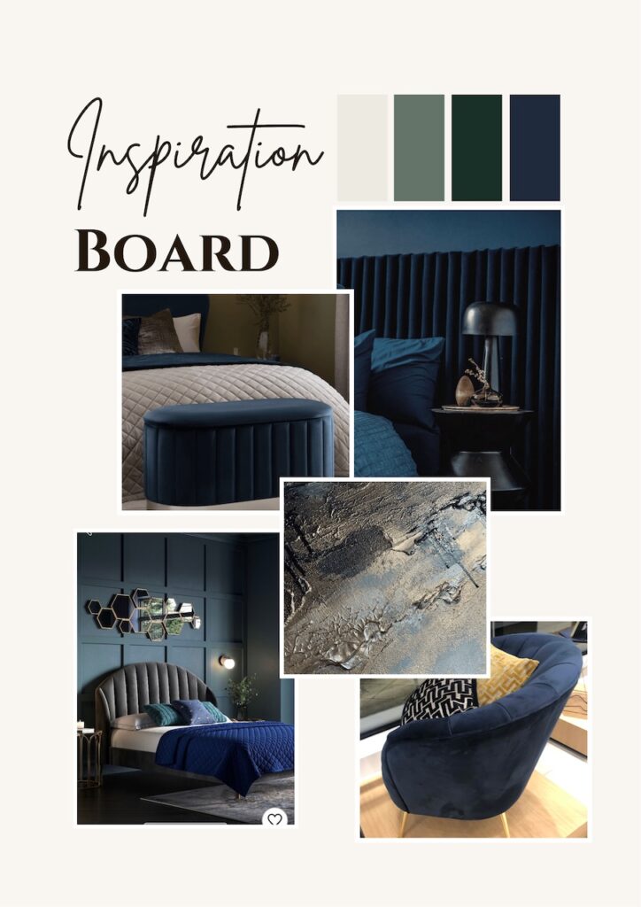 An inspiration mood board for a main bedroom renovation. Colours are navy, dark green and a mix of textures.