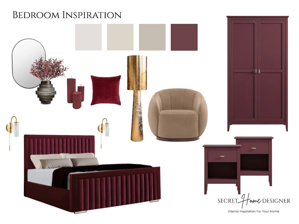 A burgundy coloured bedroom decor collage from the Mood Board Inspiration series from Secret Home Designer. Featuring burgundy velvet bed, gold lights, black mirror and burgundy wardrobe and bedside tables.