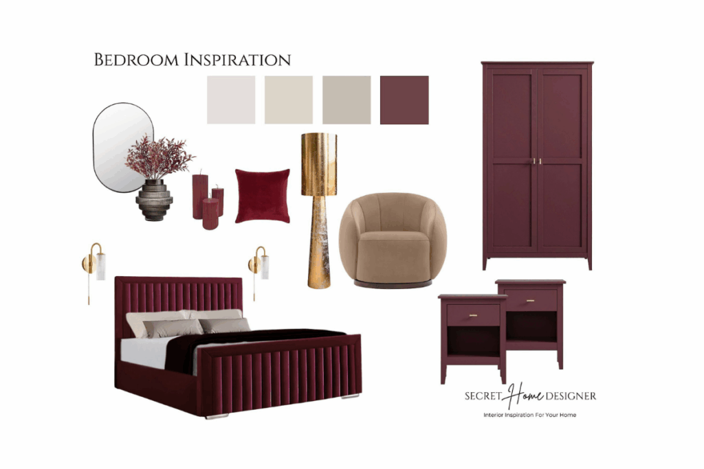 Home Decor Mood Board for a burgundy bedroom interior design. The board shows all the home decor and furniture items for a bedroom.