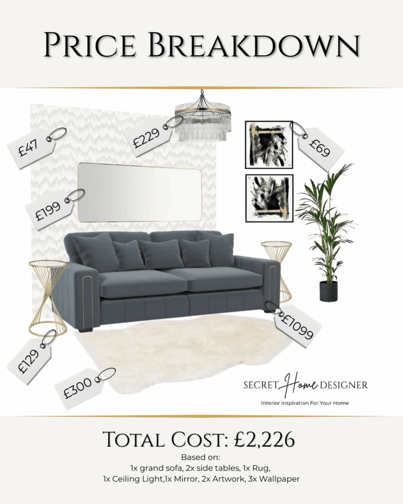 Price breakdown of a glam living room with dark luxe tones - with total cost included. Image includes dark sofa, gold side tables, mirror, wallpaper, artwork and rug, a budgeting feature by Secret Home Designer.