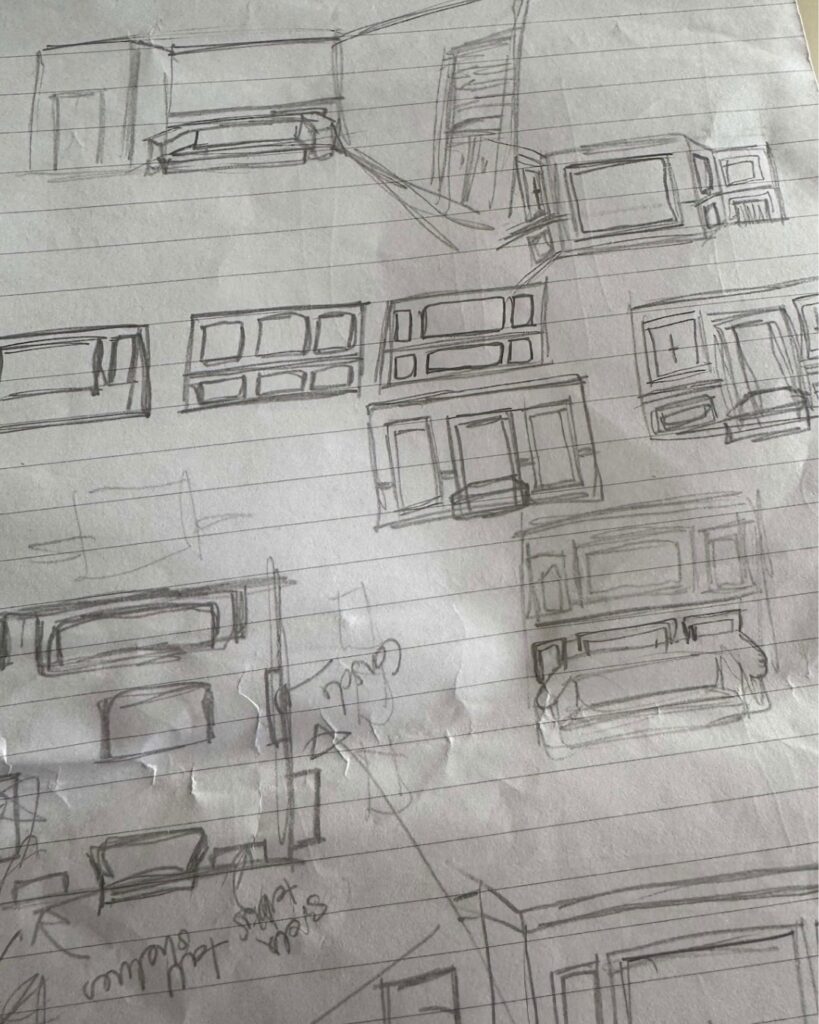 Messy sketches from this living room renovation. Pencil sketches of living room wall ideas.
