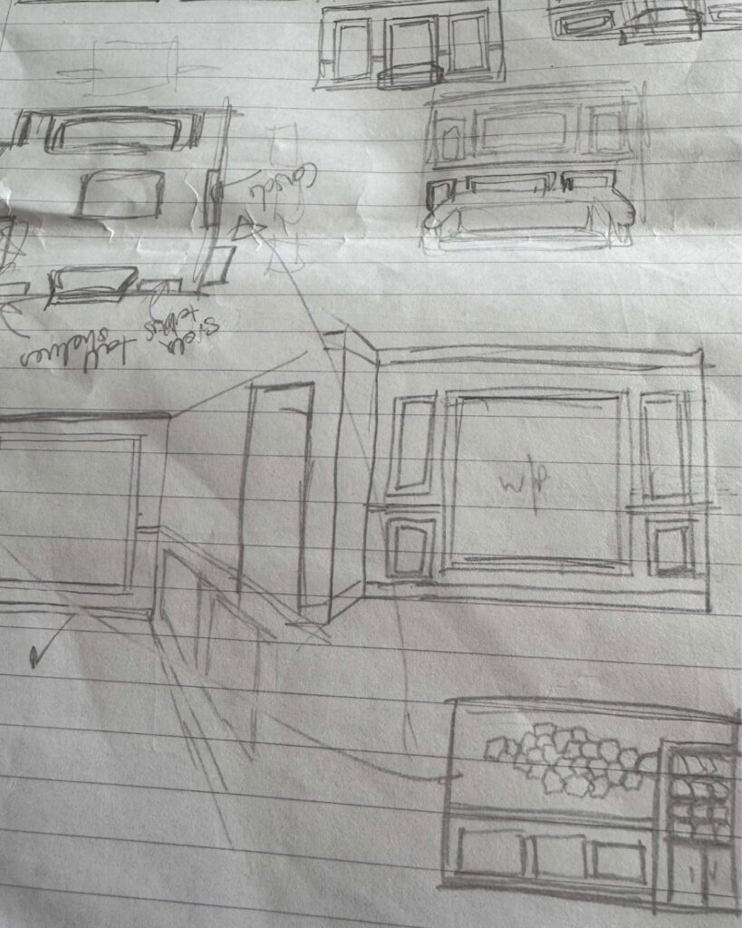 Messy sketches from this living room renovation. Pencil sketches of living room wall ideas.