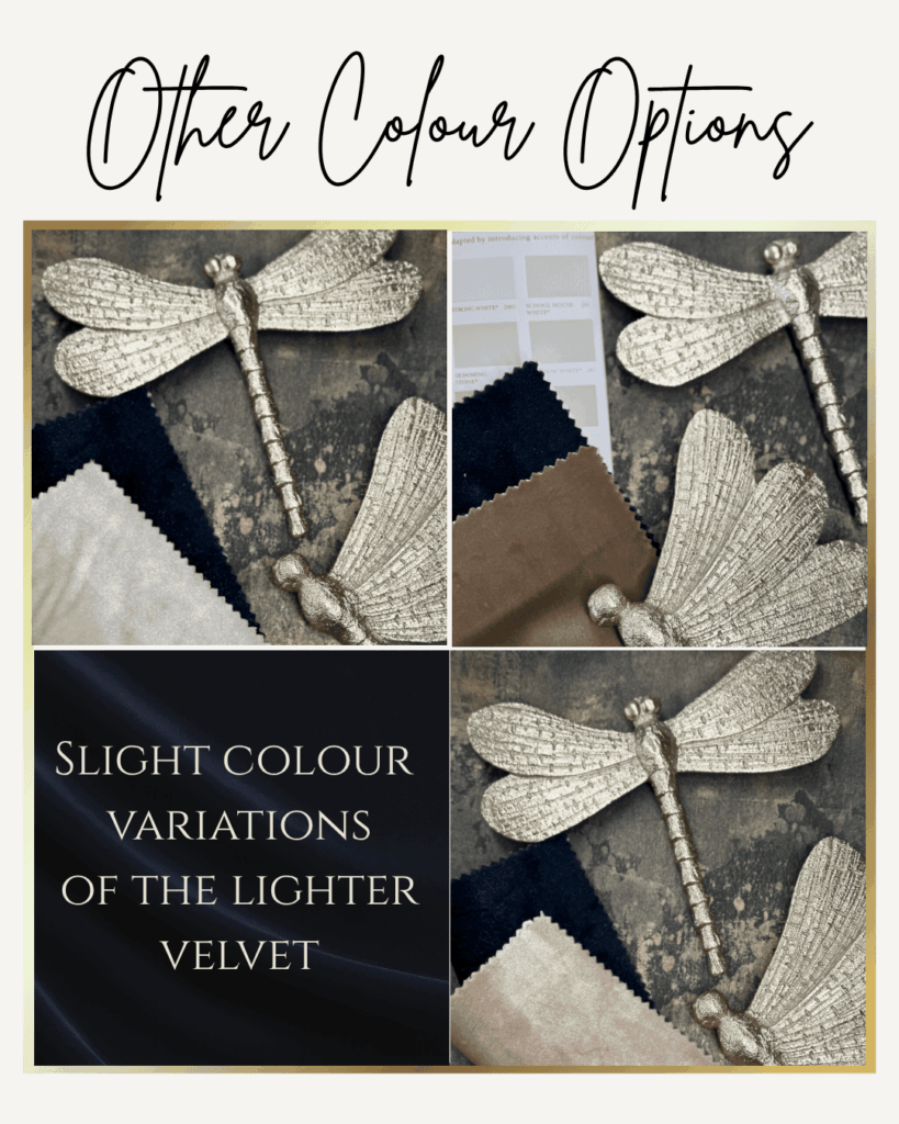 A flat lay of a gold and navy mood board featuring metallic dragonfly wall art, rich velvet fabric swatches, and a textured background for home design inspiration.