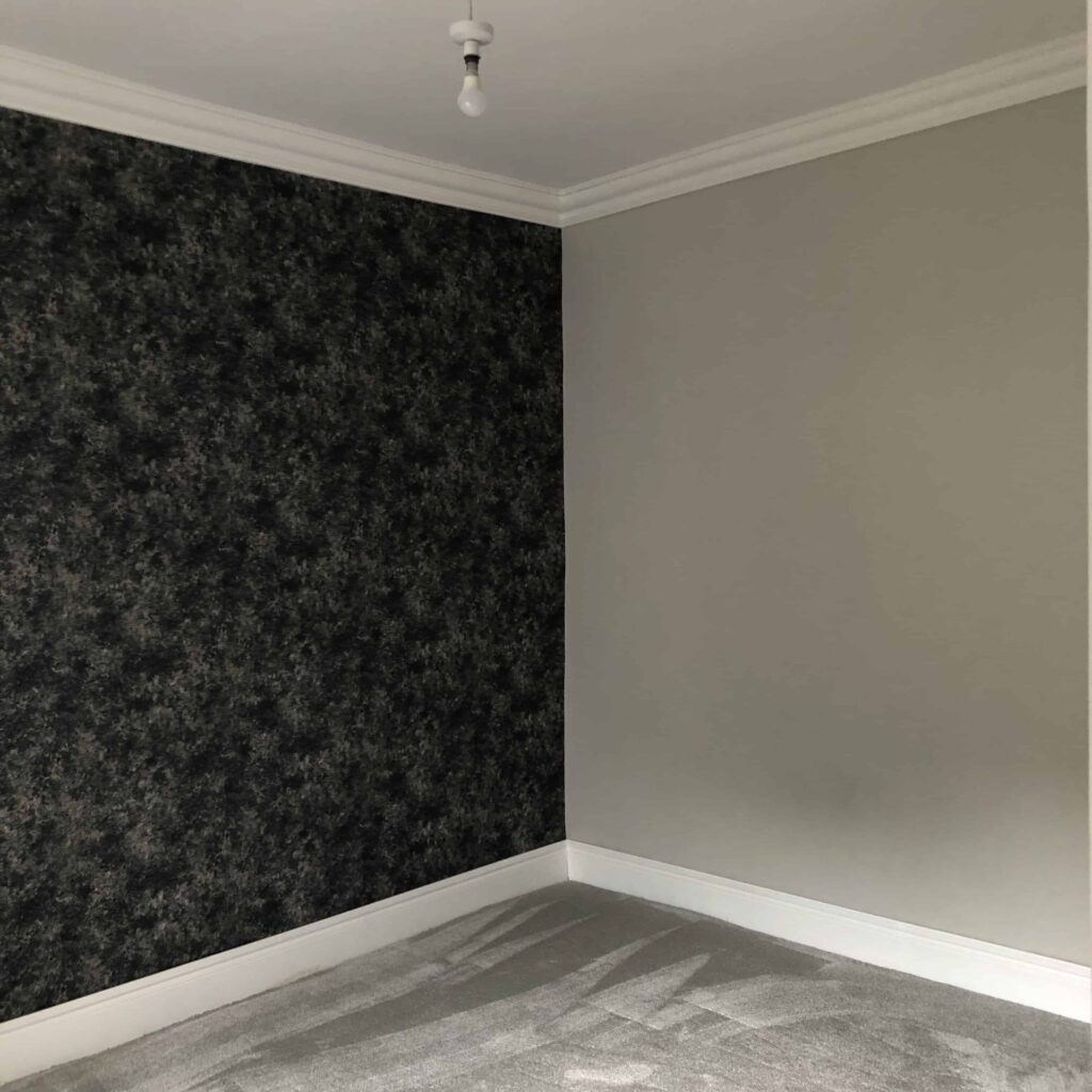 Image showing corner of a bedroom renovation - Main bedroom renovation nearly complete - ceiling, walls, skirting boards and carpet complete.