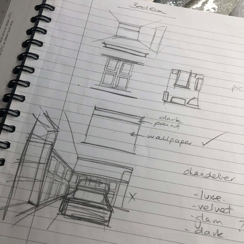 Very rough pencil sketches on a notepad of bedroom layout/design