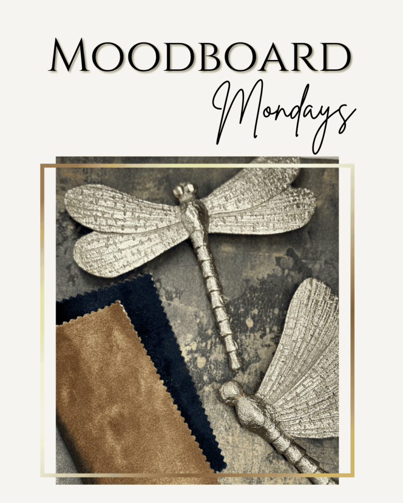 A flat lay of a gold and navy mood board featuring metallic dragonfly wall art, rich suede fabric swatches, and a textured background for entranceway design inspiration.