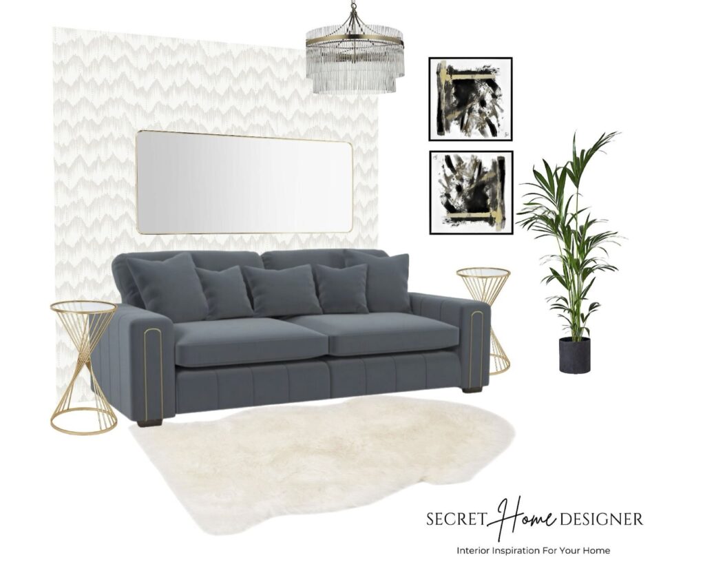 Interior mood board collage from Secret Home Designer's Mood Board Monday collection. Dusky blue velvet sofa and gold and black accessories.