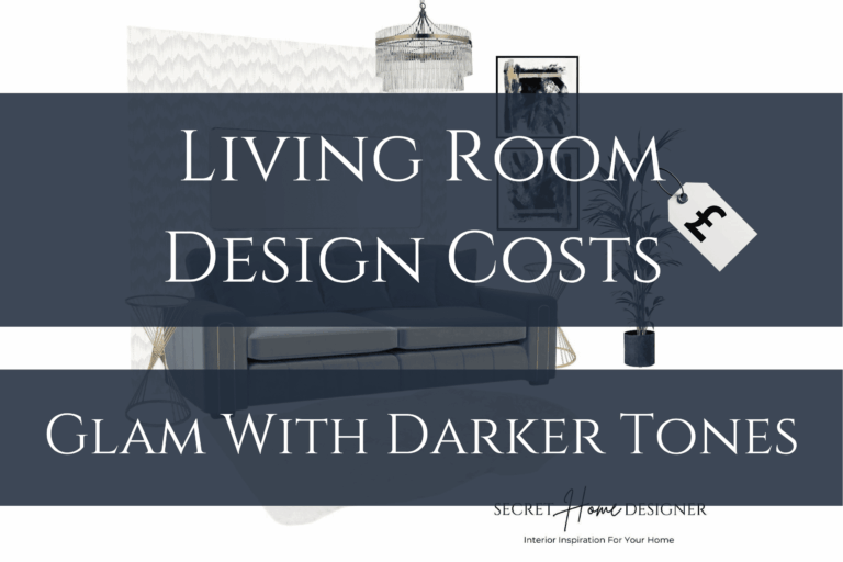 Living room mood board in glam darker tones with gold accents, showing full design cost breakdown and total.