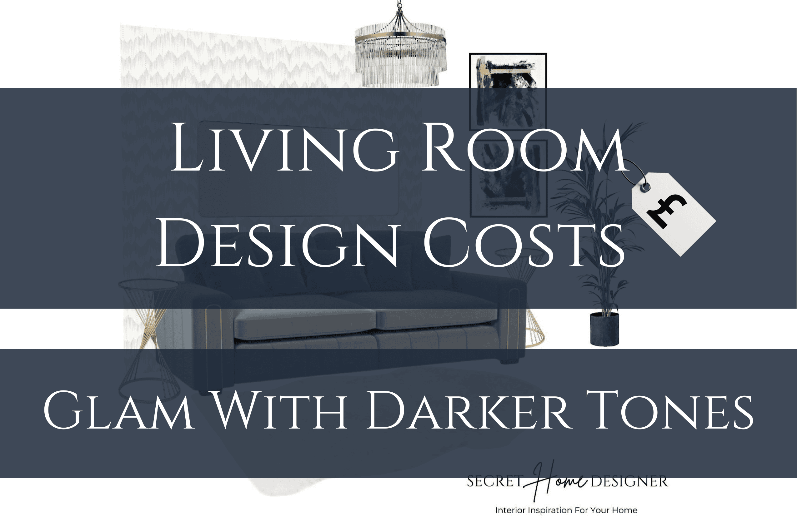 Living room mood board in glam darker tones with gold accents, showing full design cost breakdown and total.