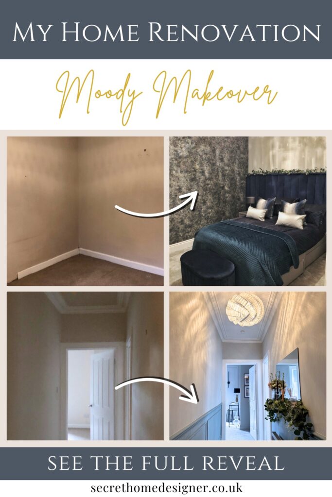 Pinterest graphic for a stylish home renovation blog post. Moody, luxe home with before and after photos.