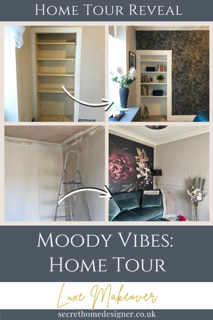 Moody luxe home tour – dark floral wallpaper, velvet sofa, and sophisticated living space design