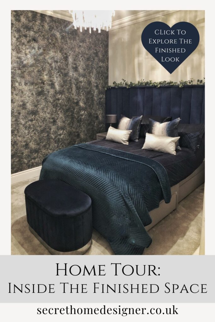 Before and after home renovation, a moody luxe bedroom design, dark navy wallpaper and wall to wall headboard.