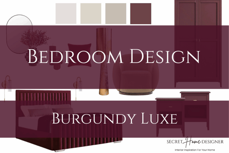 Burgandy bedroom inspiration feature for Monday mood boards for Secret Home Designer. Inculdes velvet luxe bed, burgandy wardrobe and side tables, gold accessories and black accents. Also, tan occasion chair, mirror and tall gold floor lamp.