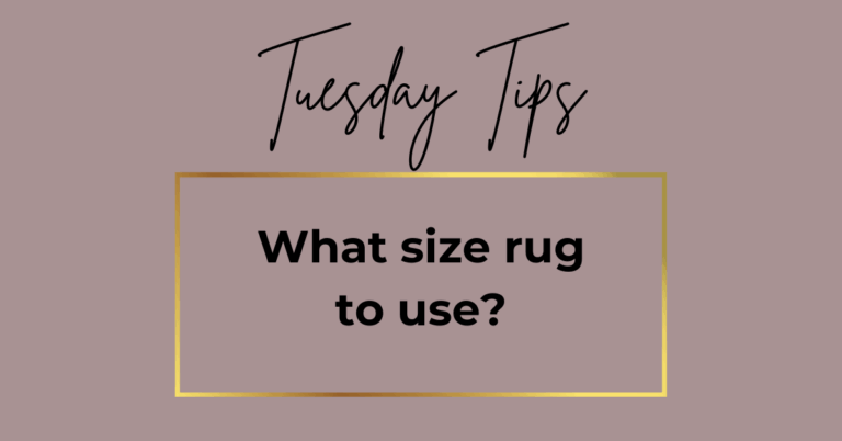 Tuesday Tips feature from Secret Home Designer. Feature graphic in mauve colour for tip about choosing which size rug to use.
