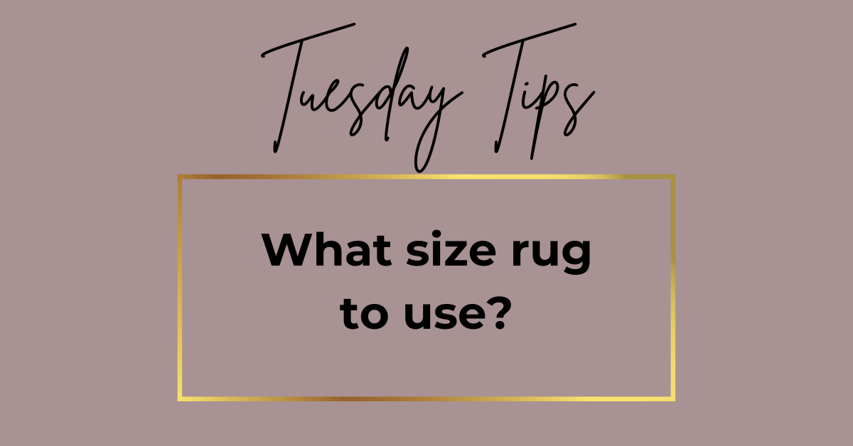 Tuesday Tips feature from Secret Home Designer. Feature graphic in mauve colour for tip about choosing which size rug to use.