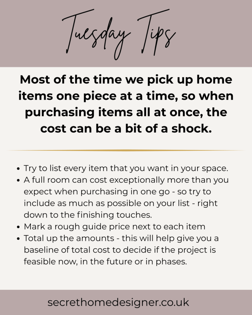 Tuesday Tips cover graphic with moody mauve background and elegant white text. Home decor tip by Secret Home Designer.