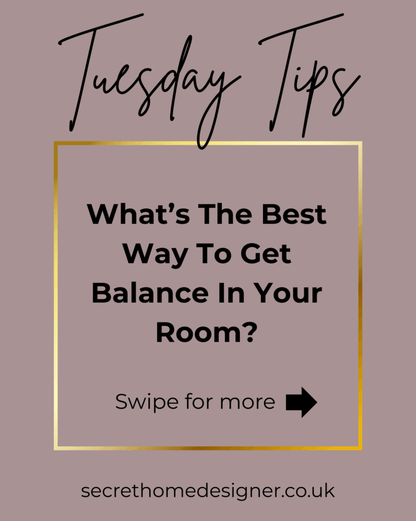 Graphic for Home Decor Tips about getting balance in your room. Mauve and gold graphic colours.