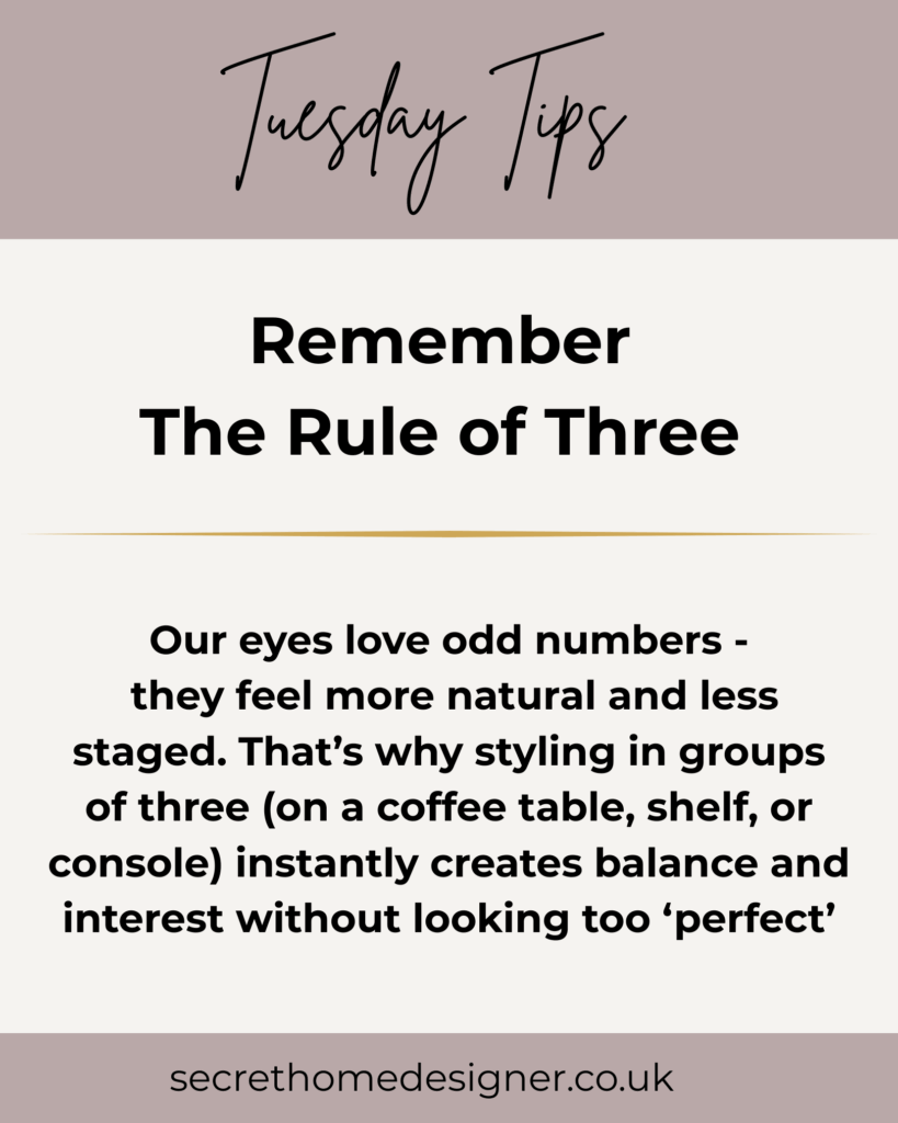 Graphic for Home Decor Tip about getting balance in your room. Mauve and gold graphic colours.