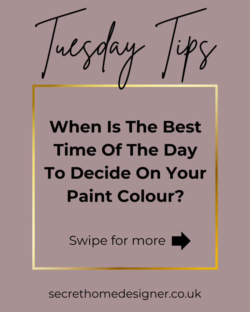 Tuesday Tip graphic sharing paint advice: Always test colour samples on multiple walls and at different times of day, as light changes the way paint looks.