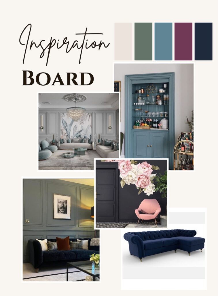 Inspiration board for this living room renovation. Panelled walls, floral mural wallpaper, bar area and colour ideas.