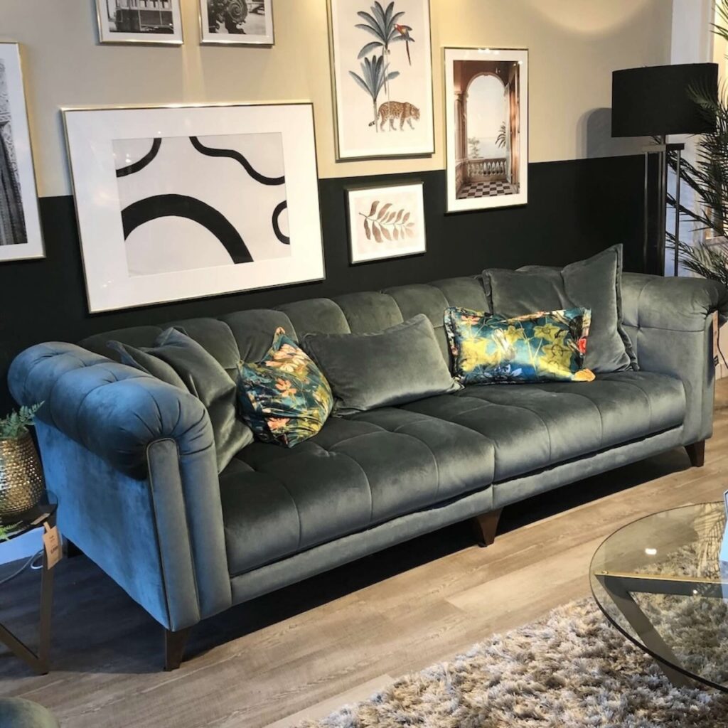 Green Velvet 4 Seat Sofa for Living Room Renovation.