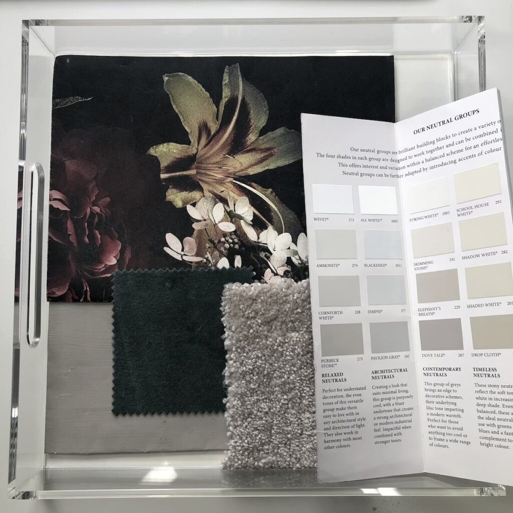 Living Room Floral and Velvet Colour Mood Board - Dark Floral Mural Wallpaper, green velvet fabric swatch, light carpet and a Farrow & Ball colour chart.